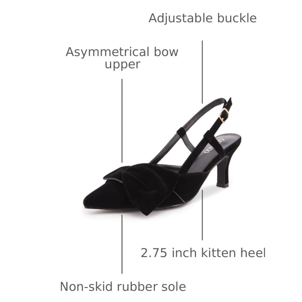 CAMSCOO Black Suede Pointed Toe Slingback Bow Kitten Heels Women Size 7.5 - Picture 8 of 12